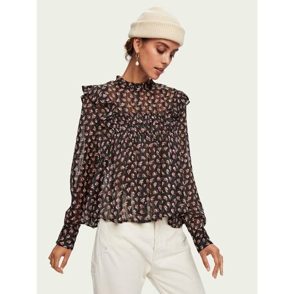 SCOTCH & SODA Floaty Ruffled Black Long Sleeve Floral Top Sz S - Picture 1 of 9
